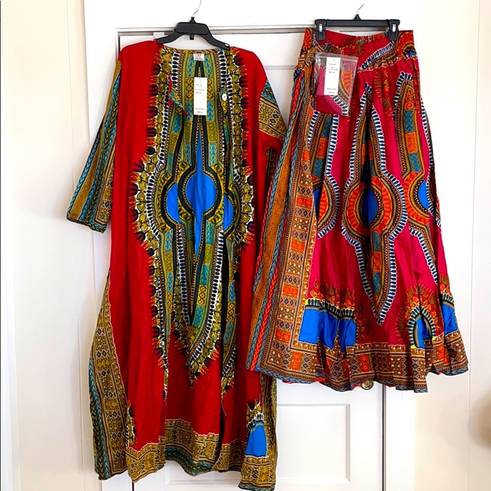 Dashiki Open Kaftan and Skirt Set